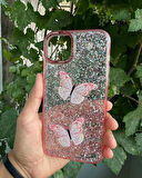 Apple iPhone 15 Plus Uyumlu Taşlı Simli Kelebekli Kılıf