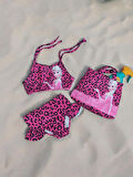 Pembe Kız Çocuk Leopar Desenli Plaj Çantalı Bikini Kız Çocuk Pembe Çantalı Bikini