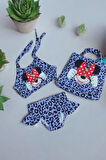Lila Kız Çocuk Leopar Desenli Karakter Baskılı Bikini Kız Çocuk Plaj Çantalı Bikini