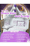 Elit Serisi 60x120 Bebek Uyku Seti Pamuklu - Lila Ayıcık, Likralı Cibinlik ve İsim Nakışlı Kırlent