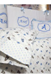 Elit Serisi 60x120 İsimli Bebek Uyku Seti Pamuklu - Mavi Roket, Nakışlı Kenar Korumalık ve Kırlent