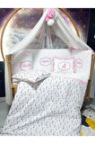 Elit Serisi 60x120 Bebek Uyku Seti Pamuklu - Pembe Ayıcık, Lüks Cibinlikli ve İsim Nakışlı Kırlent