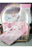 60x120 Bebek Uyku Seti - Cibinlik Ve Aparat - Pembe İnce Zigzag Yıldız Desen
