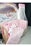 60x120 Bebek Uyku Seti - Cibinlik Ve Aparat - Pembe İnce Zigzag Yıldız Desen
