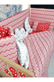 70x130 Bebek Uyku Seti - Cibinlik Ve Aparat - Kırmızı İnce Zigzag Yıldız Desen