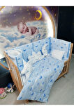 70x130 Bebek Uyku Seti - Cibinlik Ve Aparat - Mavi Zemin Ay Yıldız Desen