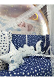 70x130 Bebek Uyku Seti - Cibinlik Ve Aparat - Lacivert Yıldız Desen