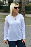 Beyaz Bisiklet Yaka Yandan Yırtmaçlı Basic Tshirt