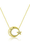 Motifli Ay Yıldız Figürlü Altın Kaplama Nano Zirkon Kolye