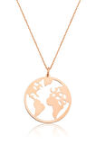 Dünya Haritası Kolye Halka Formda Rose Altın Kaplama 925 Ayar Gümüş - Uvps100181