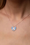 925 Ayar Gümüş Rose Kaplama Mavi Mineli Beyaz Taşlı Kelebek Kolye