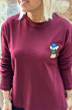 Bordo Teddy Nakışlı Uzun Kol Penye Tshirt