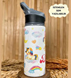 Kişiye Özel İsimli Kız Çocuk Unicorn Pipetli Suluk Matara 650 ml