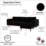 Ürgüp Siyah Modern Rahat Köşe Takımı Yumuşak Sünger Yüksek Ayak Pati Dostu Baby Face Kumaş Pofuduk Sol Köşe