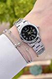 Casio CSISTE23 Kadranı Siyah Kordonu Gümüş Renk Takvimli Hediye Paketli Kadın Kol Saati ve Bileklik
