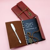 Kahverengi Siyah Yapraklı Deri Defter Ve Beyaz Jel Kalem Set