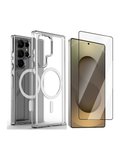 Vendas Samsung Galaxy S26 Ultra Kılıf Magsafe Şarj Özellikli Şeffaf Sert PC Zore Embos Kapak + Cam Ekran Koruyucu