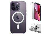 Vendas iPhone 14 Pro Uyumlu (14 Pro) Magsafe Şarj Destekli Darbe Dirençli Fit Hard Silikon Kılıf + Kamera Lens + Cam Ekran Koruyucu