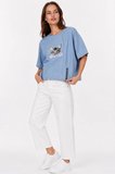 Kadın Tensel Jean Kumaş Kedi Baskılı Fermuar Detaylı Bisiklet Yaka Oversize Crop T-shirt