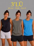 Kadın Konfor Modeli Oversize Kolsuz Terletmeyen Penye Kumaş Bisiklet Yaka 3'lü Sporcu Atlet Seti