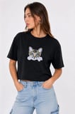 Kadın Tensel Terletmeyen Kumaş Kedi Baskılı Bisiklet Yaka Oversize Crop T-shirt Salaş Kısa Kollu