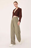 	Kadın Haki Çift Düğmeli Keten Palazzo Pantolon