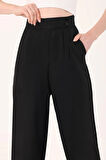 Kadın Siyah Çift Düğmeli Keten Palazzo Pantolon