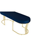 Viego Gold Smooth Bench Lüks Metal Gold Ayak, Chester Model Yatak Ucu Mavi Puf