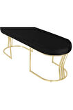 Viego Gold Smooth Bench Lüks Metal Gold Ayak, Chester Model Yatak Ucu Siyah Puf