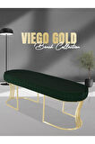Viego Gold Striped Bench Lüks Metal Gold Ayak, Chester Model Yatak Ucu Yeşil Puf