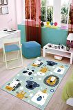 Turkuaz Kaymaz Tabanlı Sevimli Hayvanlar Çocuk Halısı AR786