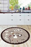 Kahve Kaymaz Taban Aşçı Desenli Yuvarlak Mutfak Halısı AR908