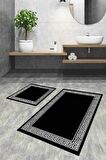 Siyah Çerçeve Temalı Banyo Halısı Klozet Paspas Seti BS034