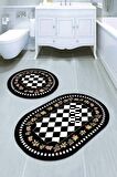 Siyah Çerçeveli Banyo Halısı Klozet Oval Paspas Seti BS072