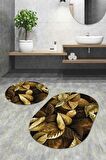Gold Yaprak Desen Banyo Halısı Klozet Oval Paspas Seti BS086