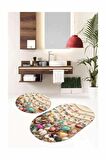 Renkli Marin Desen Oval Banyo 2'li Klozet Paspas Seti BS099