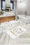 Ekru Kedi Temalı Banyo Halısı Klozet 2'li Paspas Seti BS256