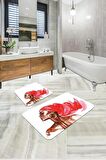 Pembe Etnik Desen Banyo Halısı Klozet 2'li Paspas Seti BS318