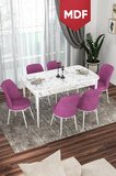 Via Serisi MDF 80x132 Açılabilir Mutfak Masası Takımı Beyaz Mermer Desen Masa 6 Mor Sandalye