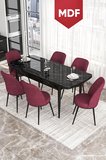Via Serisi 80x132 MDF Açılabilir Mutfak Masası Takımı Siyah Mermer Desen Masa 6 Bordo Sandalye