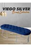 Viego Silver Puf Lüks Metal Gümüş Ayak, Chester Model Yatak Ucu Mavi Bench