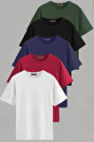 Erkek Beyaz-siyah-laci-bordo-yeşil Slim Fit Bisiklet Yaka Pamuk Elastan 5'li Basic Tişört