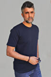 Erkek Lacivert Slim Fit Bisiklet Yaka Pamuk Elastan Basic Tişört