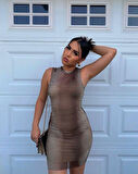 Kadın Sıfır Kol Desenli Mini Bodycon Dalgıç Elbise