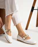 Kadın Mary Jane Babet Ayakkabı İnci ve Gold Düğme Tokalı Rahat Günlük Model