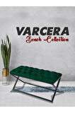 Varcera Yeşil Puf - Siyah Çapraz Metal Ayaklı, Kapitoneli Chester Model Bench Puf