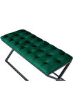 Varcera Yeşil Puf - Siyah Çapraz Metal Ayaklı, Kapitoneli Chester Model Bench Puf