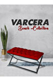 Varcera Bordo Puf - Siyah Çapraz Metal Ayaklı, Kapitoneli Chester Model Bench Puf
