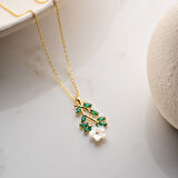 Vaoov 925 Ayar Gümüş Sedef Çiçekli Yeşil Taşlı Kolye