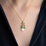 Vaoov 925 Ayar Gümüş Sedef Çiçekli Yeşil Taşlı Kolye